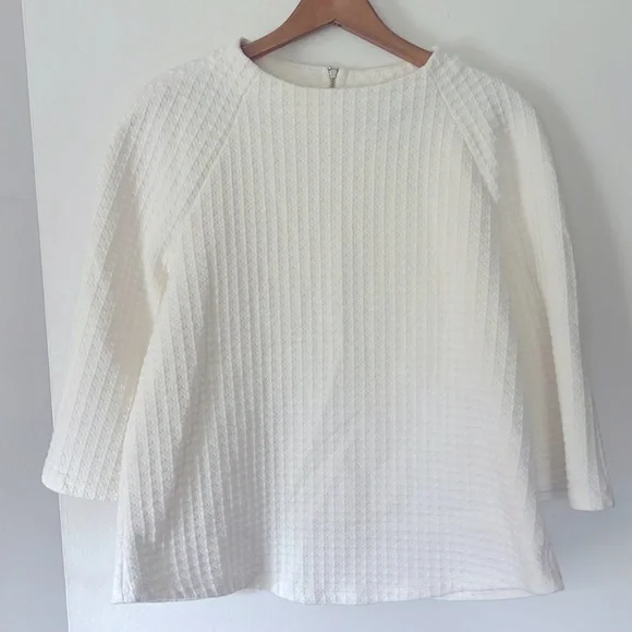 W5 Anthropologie White Waffle Knit Mock Neck Top with 3/4 Length Bell Sleeve - Picture 1 of 8